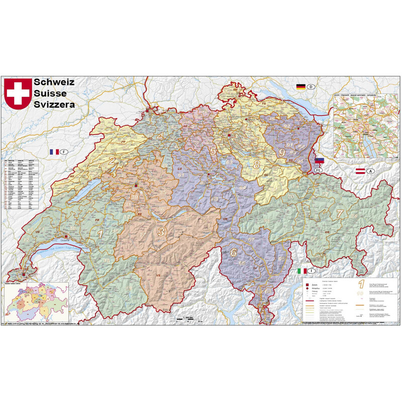 Stiefel Karta Schweiz politiskt med postnummer (95 x 62 cm)