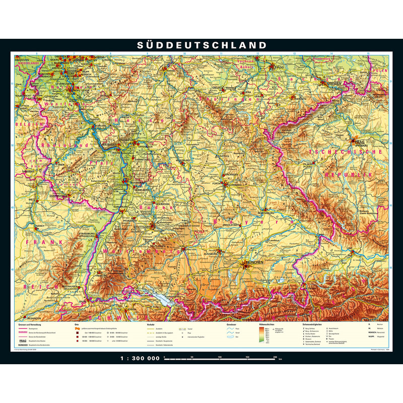PONS Regionkarta Södra Tyskland fysiskt (243 x 197 cm)