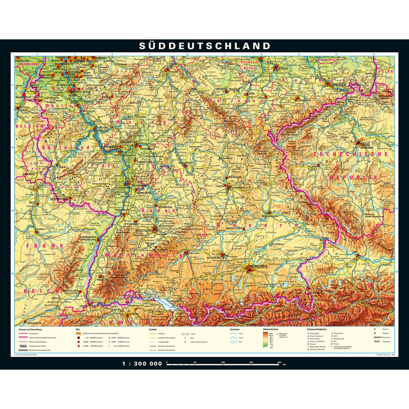 PONS Regionkarta Sydtyskland fysiskt (243 x 197 cm)