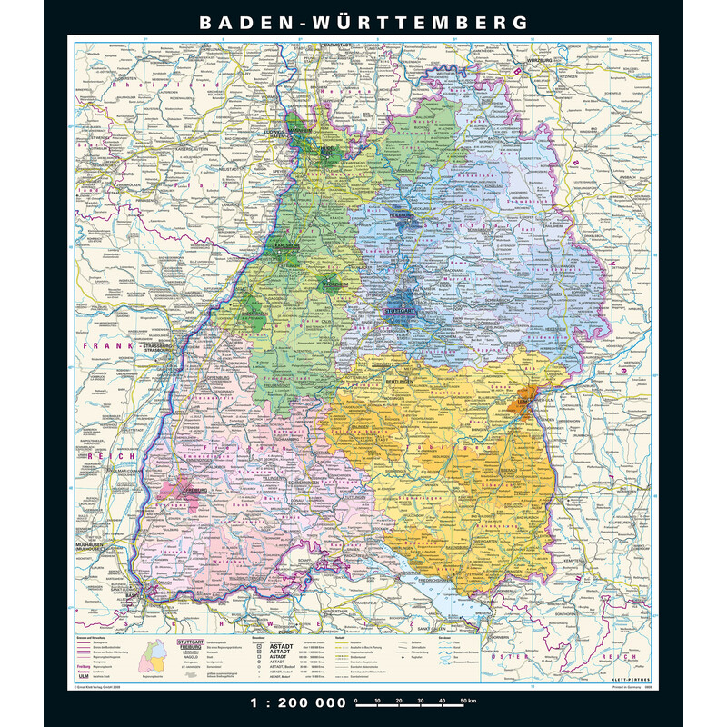 PONS Regionkarta Baden-Württemberg fysiskt och politiskt (148 x 168 cm)