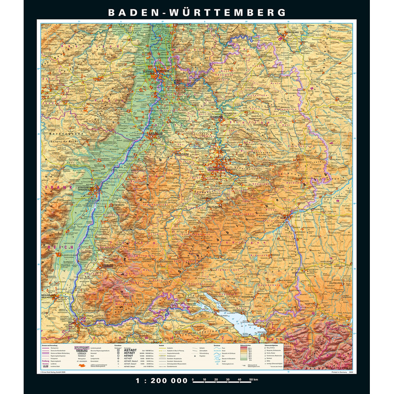 PONS Regionkarta Baden-Württemberg fysiskt och politiskt (148 x 168 cm)
