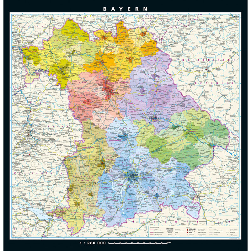 PONS Regionkarta Bayern fysiskt och politiskt (148 x 150 cm)