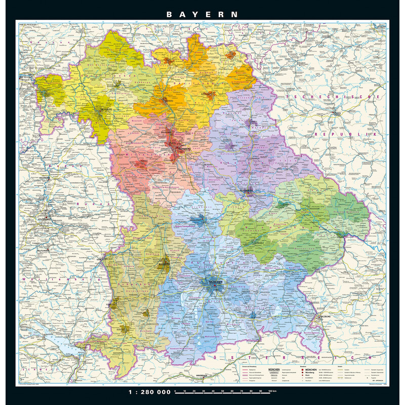 PONS Regionkarta Bayern fysiskt/politiskt (148 x 150 cm)