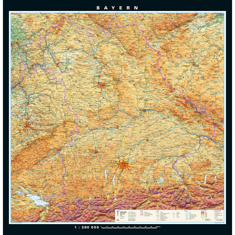 PONS Regionkarta Bayern fysiskt och politiskt (148 x 150 cm)