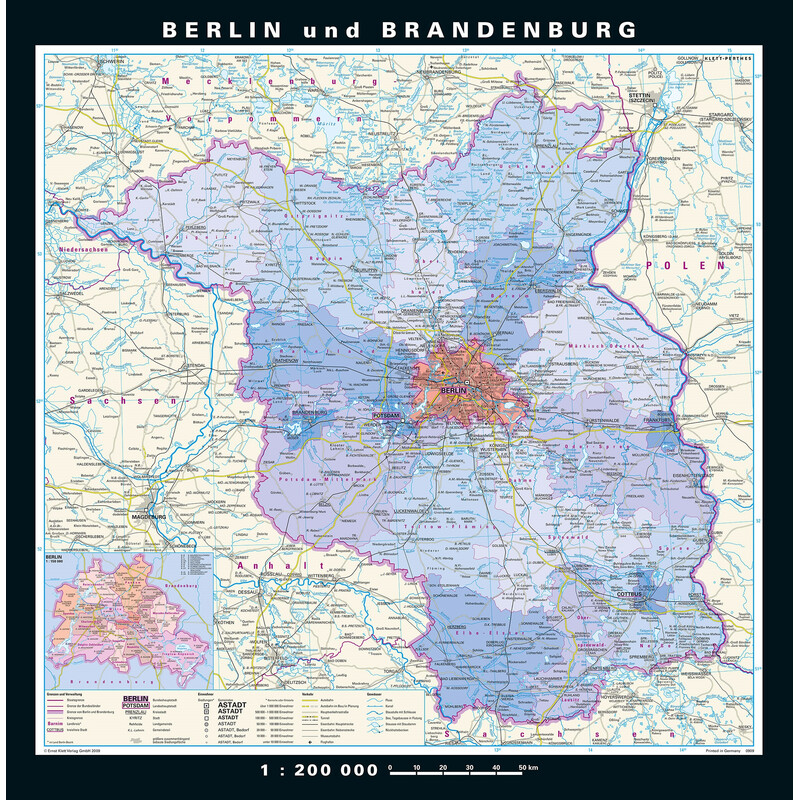 PONS Regionkarta Berlin-Brandenburg fysiskt och politiskt (148 x 150 cm)