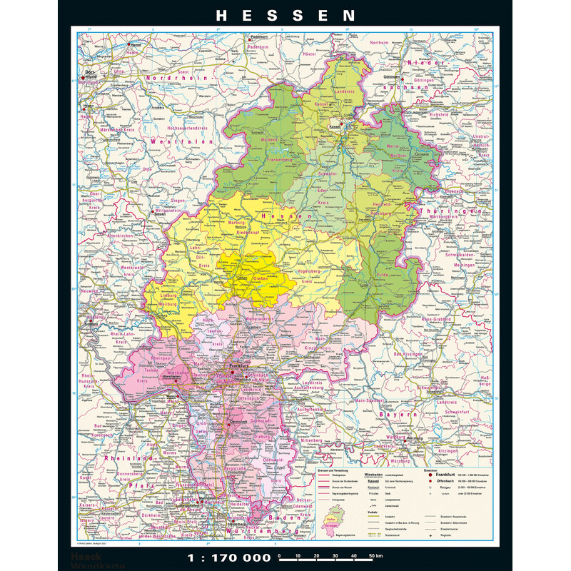 PONS Regionkarta Hessen fysiskt och politiskt (148 x 183 cm)