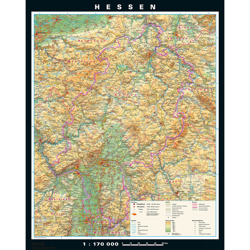 PONS Regionkarta Hessen fysiskt och politiskt (148 x 183 cm)