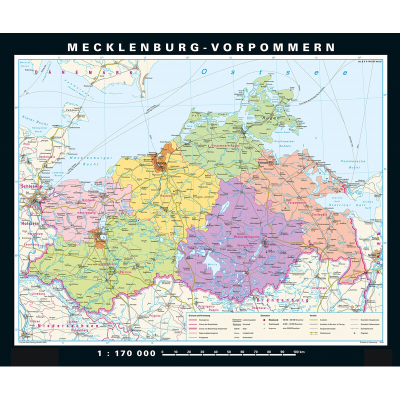 PONS Regionkarta Mecklenburg-Vorpommern fysiskt och politiskt (178 x 148 cm)