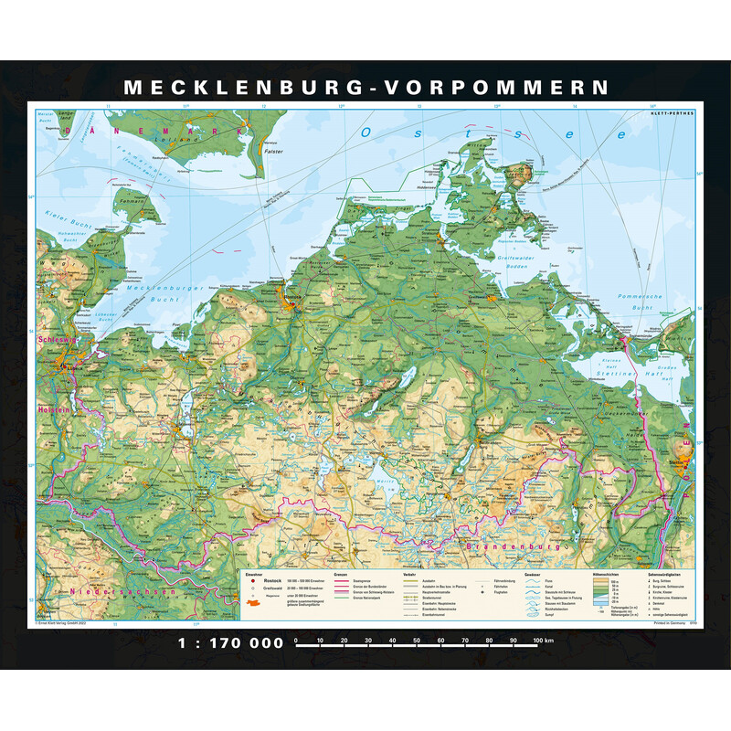 PONS Regionkarta Mecklenburg-Vorpommern fysiskt/politiskt (178 x 148 cm)