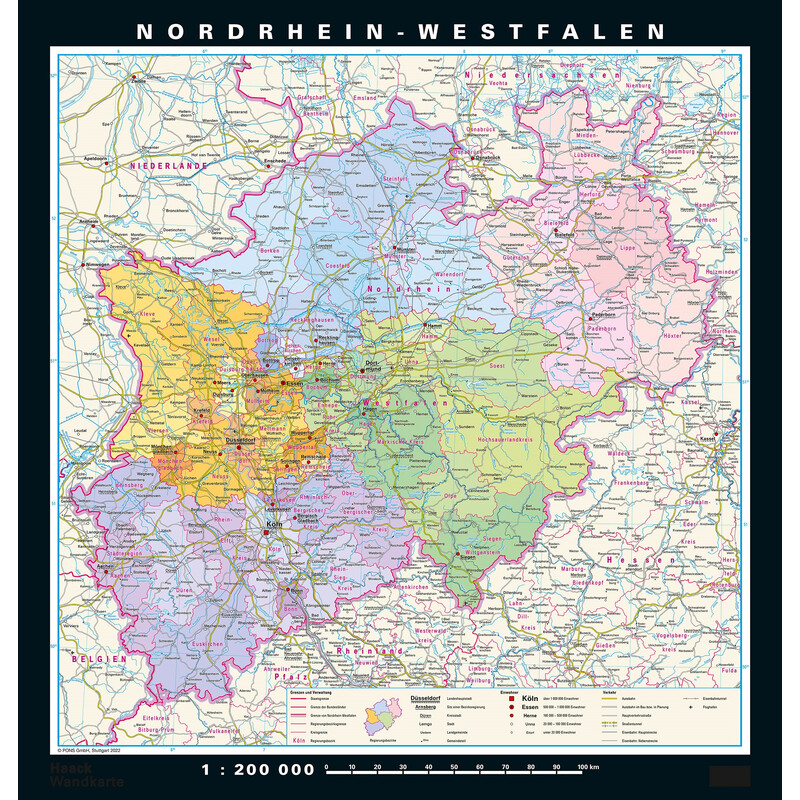 PONS Regionkarta Nordrhein-Westfalen fysiskt och politiskt (148 x 155 cm)