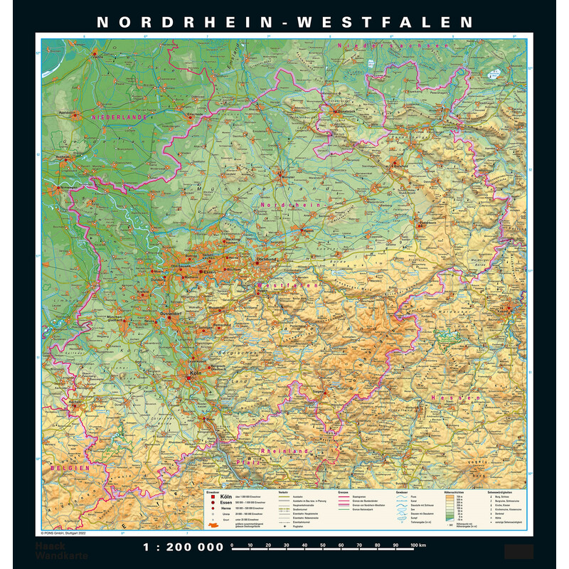 PONS Regionkarta Nordrhein-Westfalen fysiskt och politiskt (148 x 155 cm)