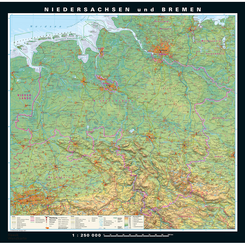 PONS Regionkarta Niedersachsen och Bremen fysiskt och politiskt (148 x 150 cm)