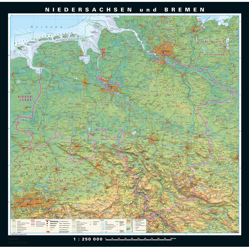 PONS Regionkarta Niedersachsen och Bremen fysiskt/politiskt (148 x 150 cm)