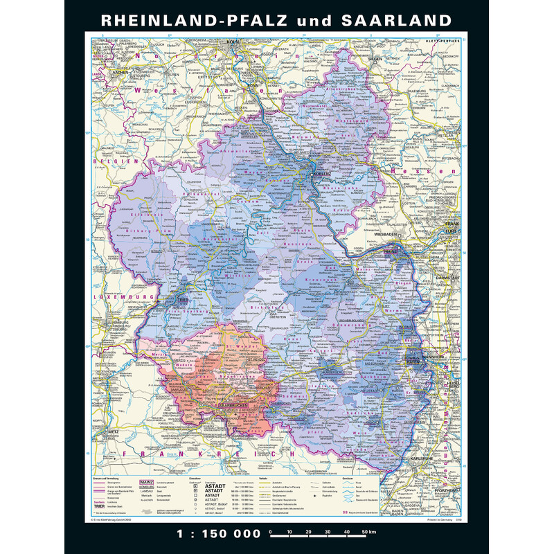PONS Regionkarta Rheinland-Pfalz och Saarland fysiskt/politiskt (148 x 193 cm)