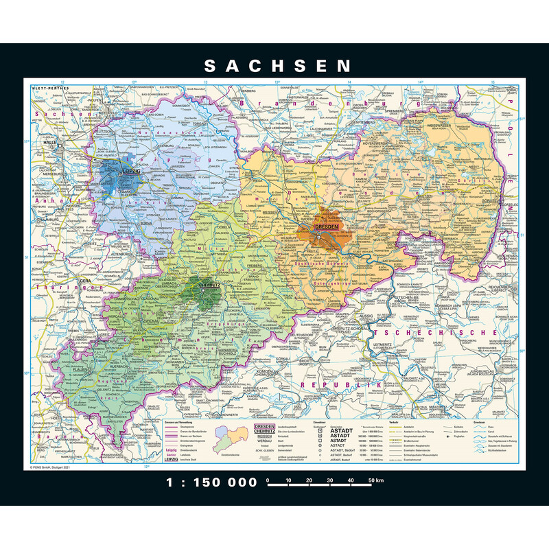 PONS Regionkarta Sachsen fysiskt och politiskt (176 x 148 cm)