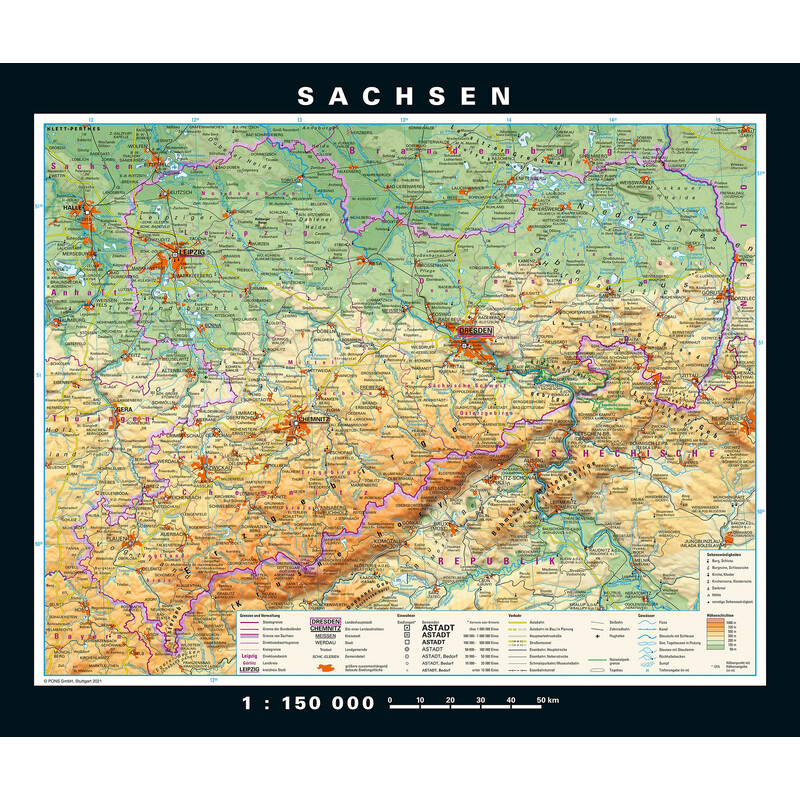 PONS Regionkarta Sachsen fysiskt och politiskt (176 x 148 cm)