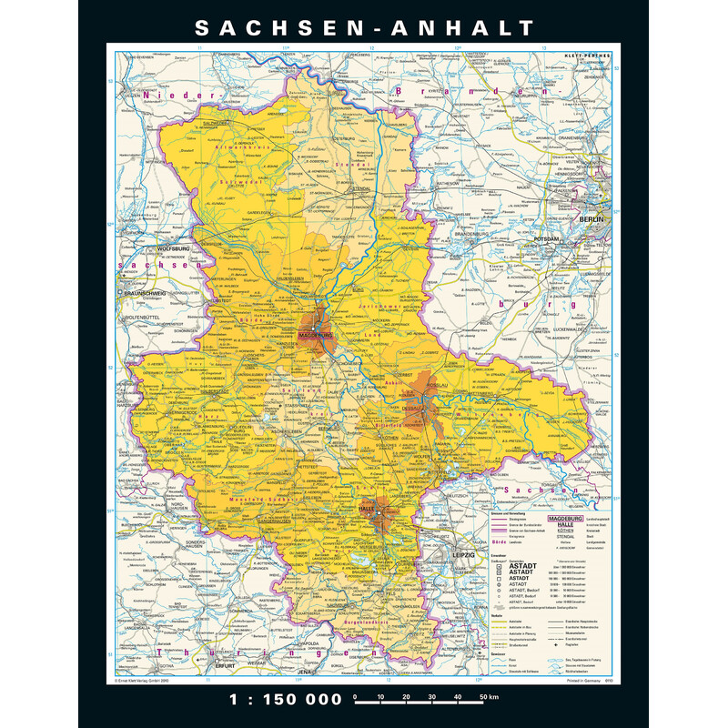 PONS Regionkarta Sachsen-Anhalt fysiskt och politiskt (148 x 188 cm)