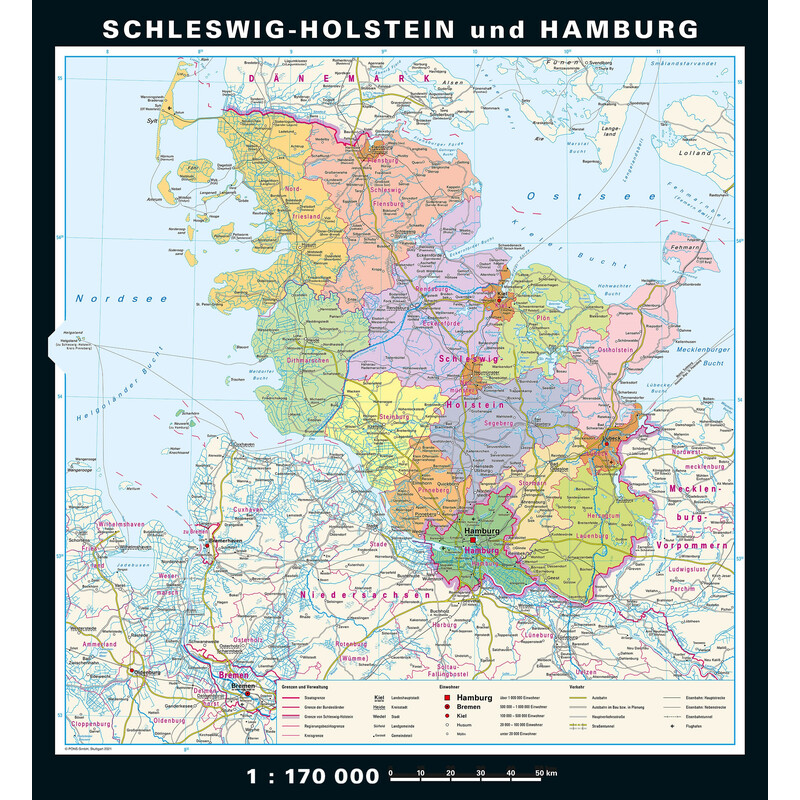 PONS Regionkarta Schleswig-Holstein och Hamburg fysiskt/politiskt (148 x 175 cm)