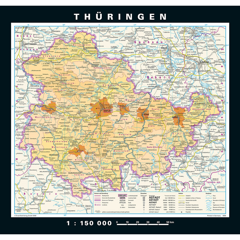 PONS Regionkarta Thuringia fysisk och politisk (148 x 150 cm)