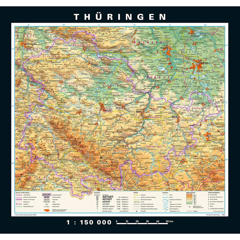PONS Regionkarta Thuringia fysisk och politisk (148 x 150 cm)