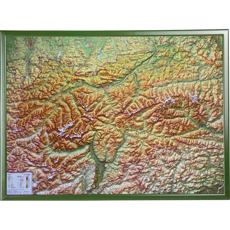 Georelief Regionkarta Tyrol (78 x 58 cm) 3D-reliefkarta med träram