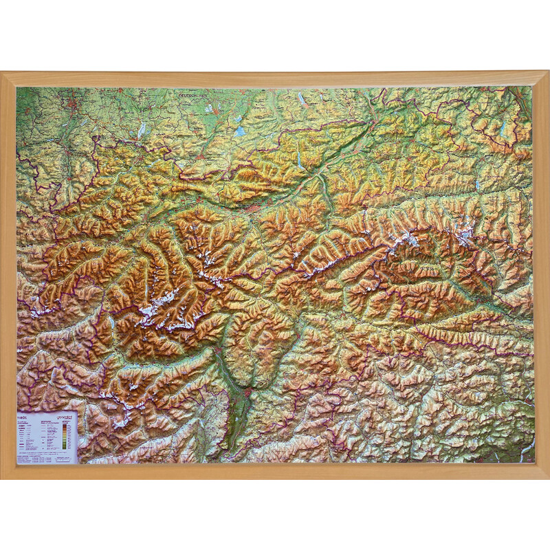 Georelief Regionkarta Tyrol (78 x 58 cm) 3D-reliefkarta med träram