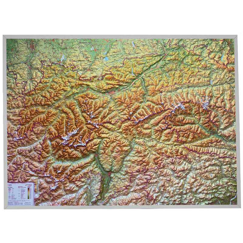Georelief Regionkarta Tyrol (77 x 57 cm) 3D-reliefkarta med ram i aluminium
