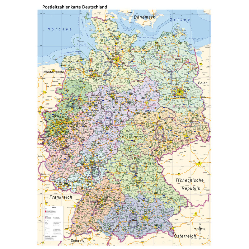 GeoMetro Karta Deutschland politisch mit Postleitzahlen PLZ (84 x 114 cm)