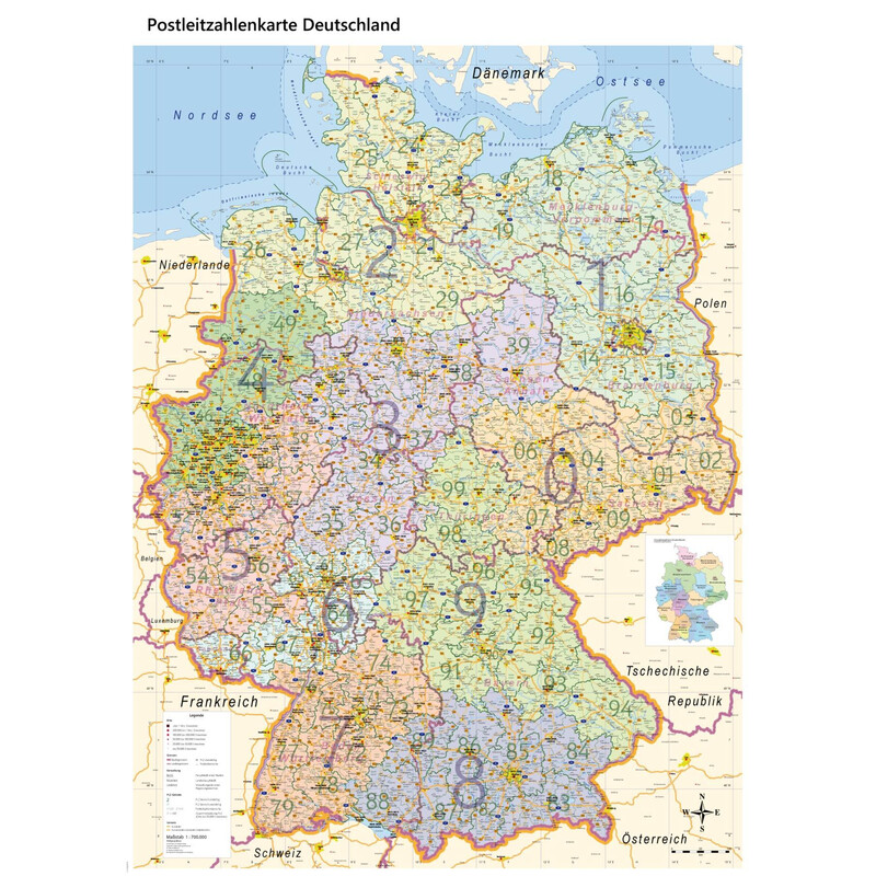GeoMetro Karta Deutschland politisch mit Postleitzahlen PLZ XL (100 x 140 cm)
