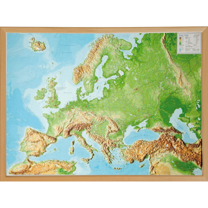 Georelief Kontinentkarta Europa (78x58) 3D reliefkarta med träram
