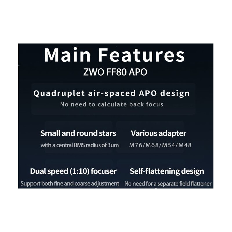 ZWO Apokromatisk refraktor FF80 AP 80/600 Quadruplet OTA