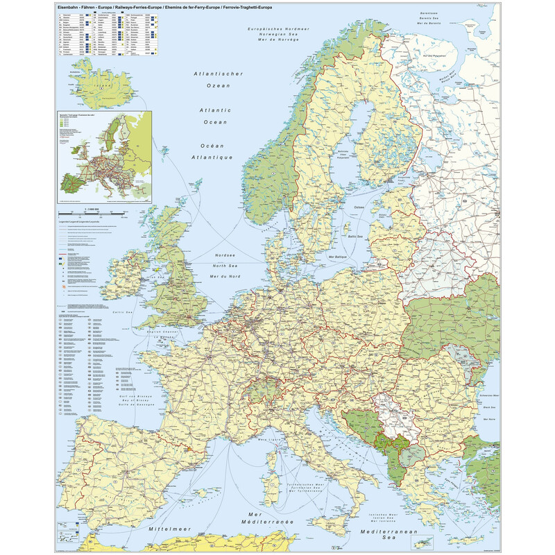 Stiefel Kontinentkarta Europa: Eisenbahn und Fähren (97 x 119 cm)