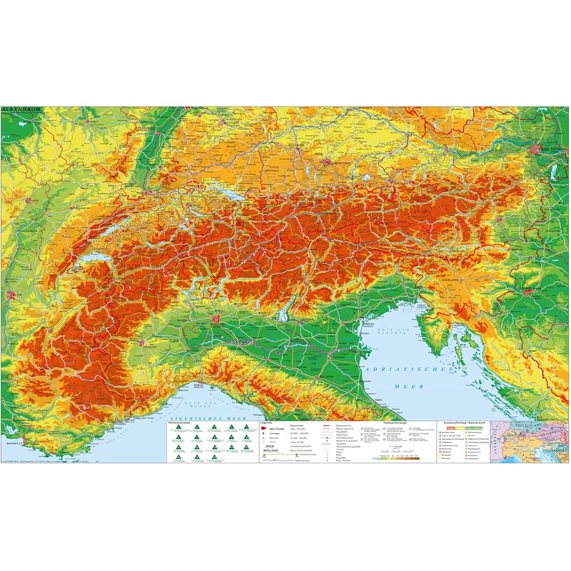 Stiefel Regionkarta Alpregion med långväga vandrings- och cykelleder (140 x 100 cm)
