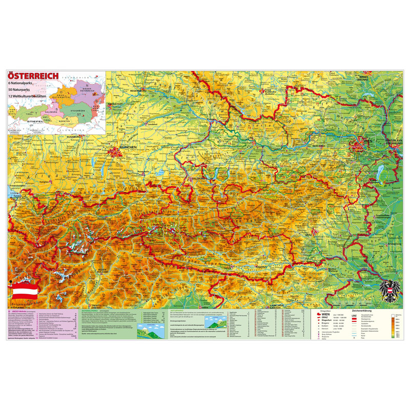 Stiefel Karta Österreich National- und Naturparks mit UNESCO-Welterbestätten (98 x 68 cm)