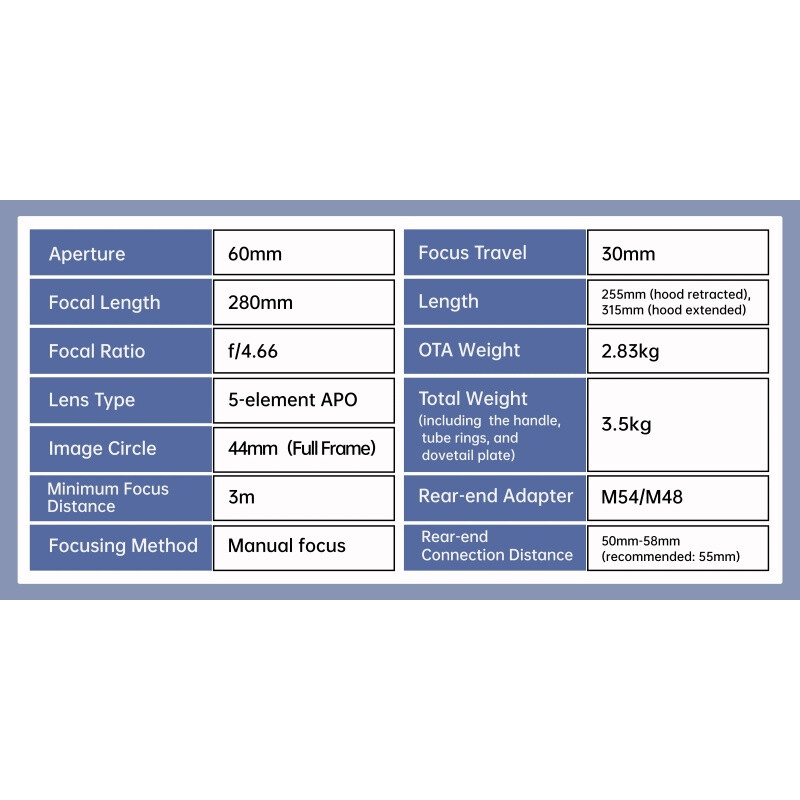 ToupTek Apokromatisk refraktor HOPE D60 60/280 f/4.66