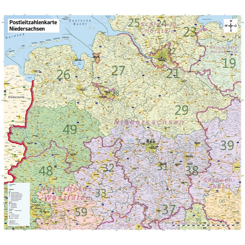 GeoMetro Regionkarta Niedersachsen postnummer (100 x 123 cm)