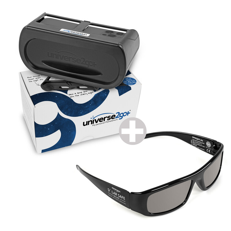 Omegon Personligt planetarium Universe2Go+ + Sonnenfinsternisbrille Solar Safe Deluxe
